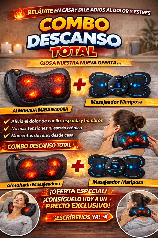 COMBO DESCANSO TOTAL – ALMOHADA MASAJEADORA + MASAJEADOR MARIPOSA